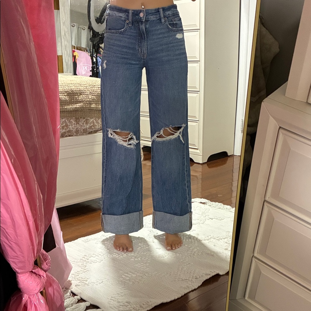 Women's Distressed Wide Leg Blue Jeans